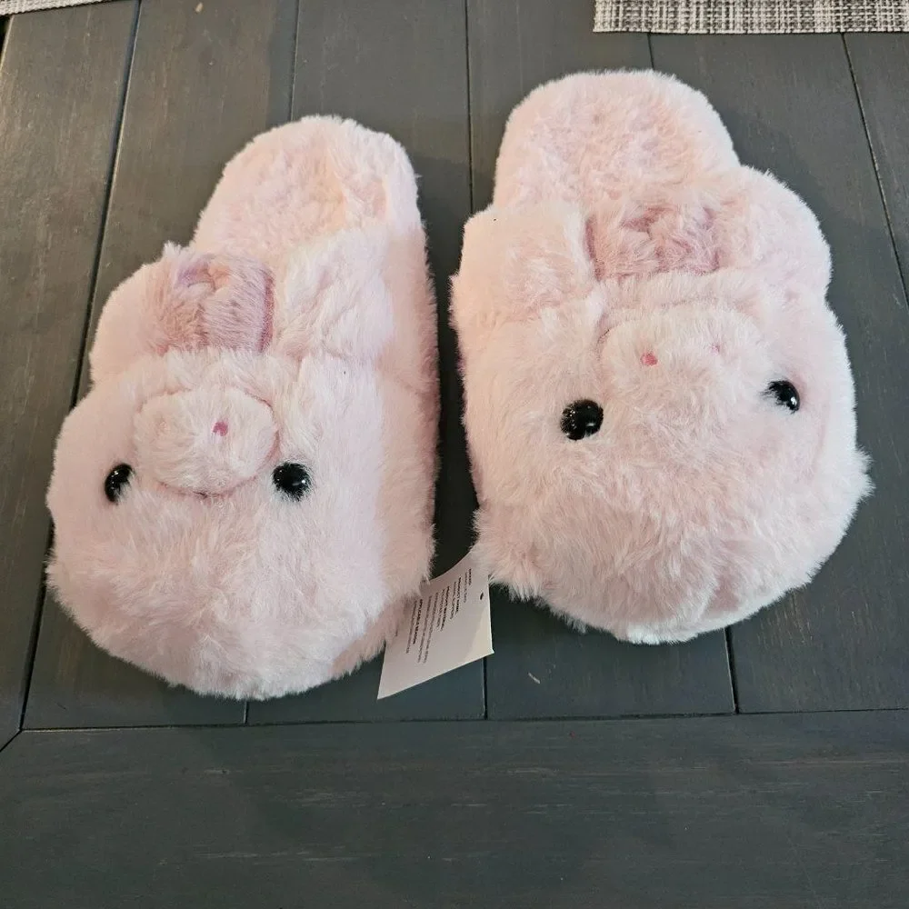 Girls Cute pig Animal Design Memory Foam Slippers Pink Size 2-3
